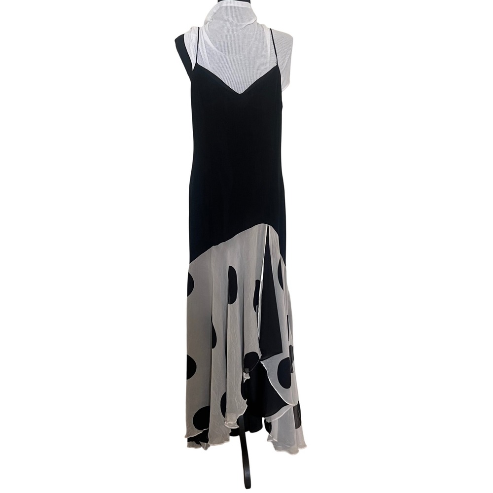 Cache Women Dress 12 Black Excellent Vintage 90s 100% Silk Polka Dot Cocktail